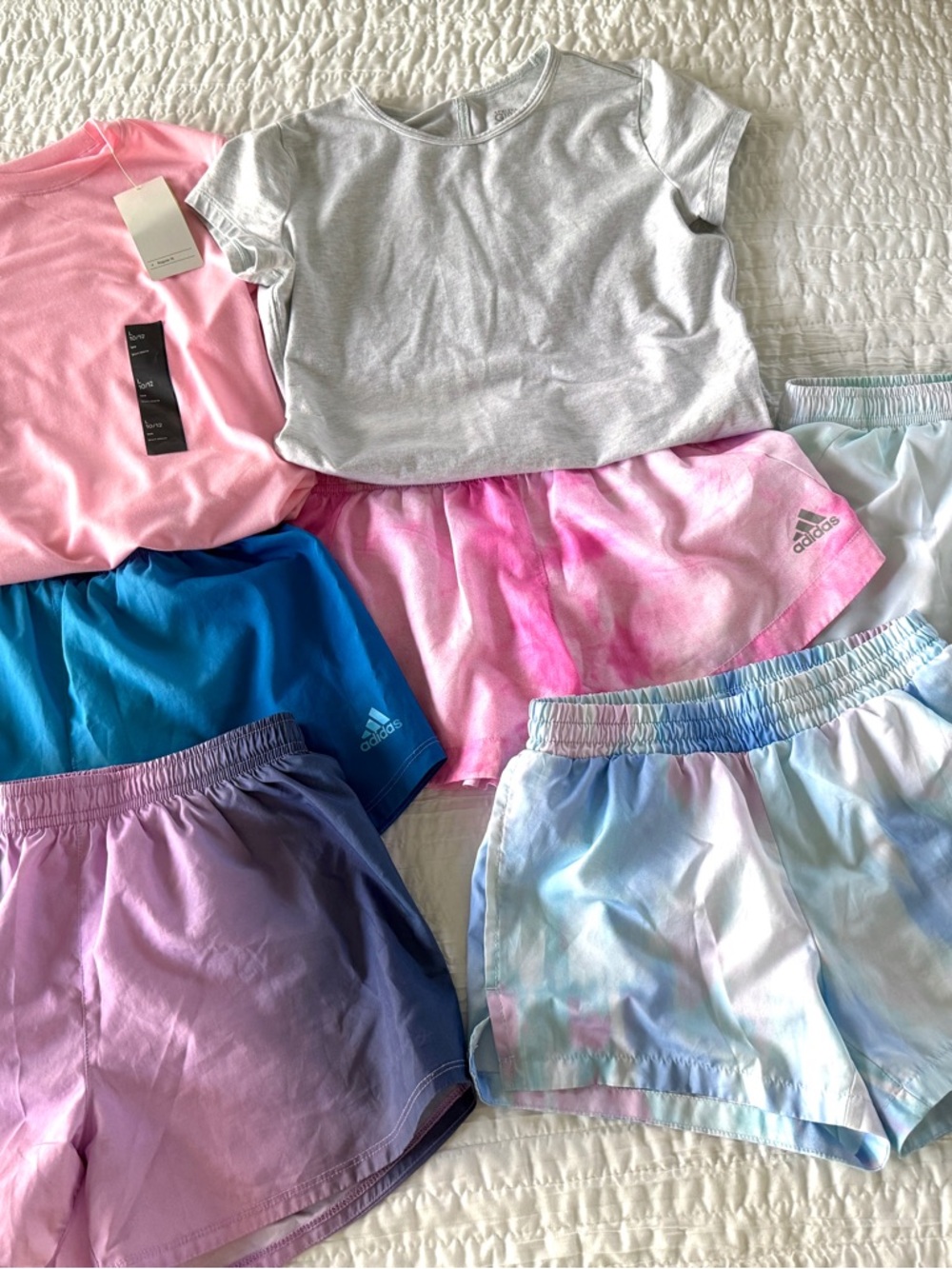 Adidas Pink Tie-Dye Skort with Blue, Purple and Pastel Running Shorts